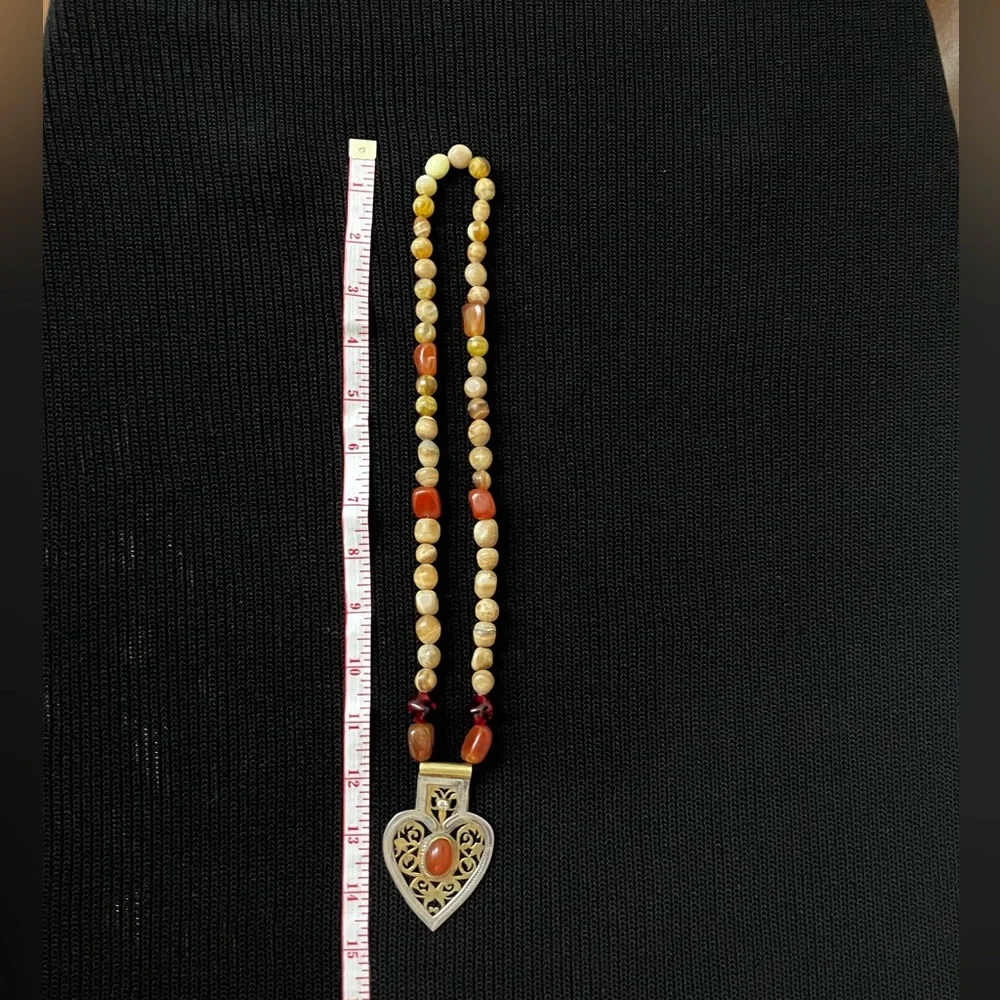 Bohemian Silver&Gold-Tone Heart Pendant Necklace, Natural Stone Beads - Picture 3 of 5